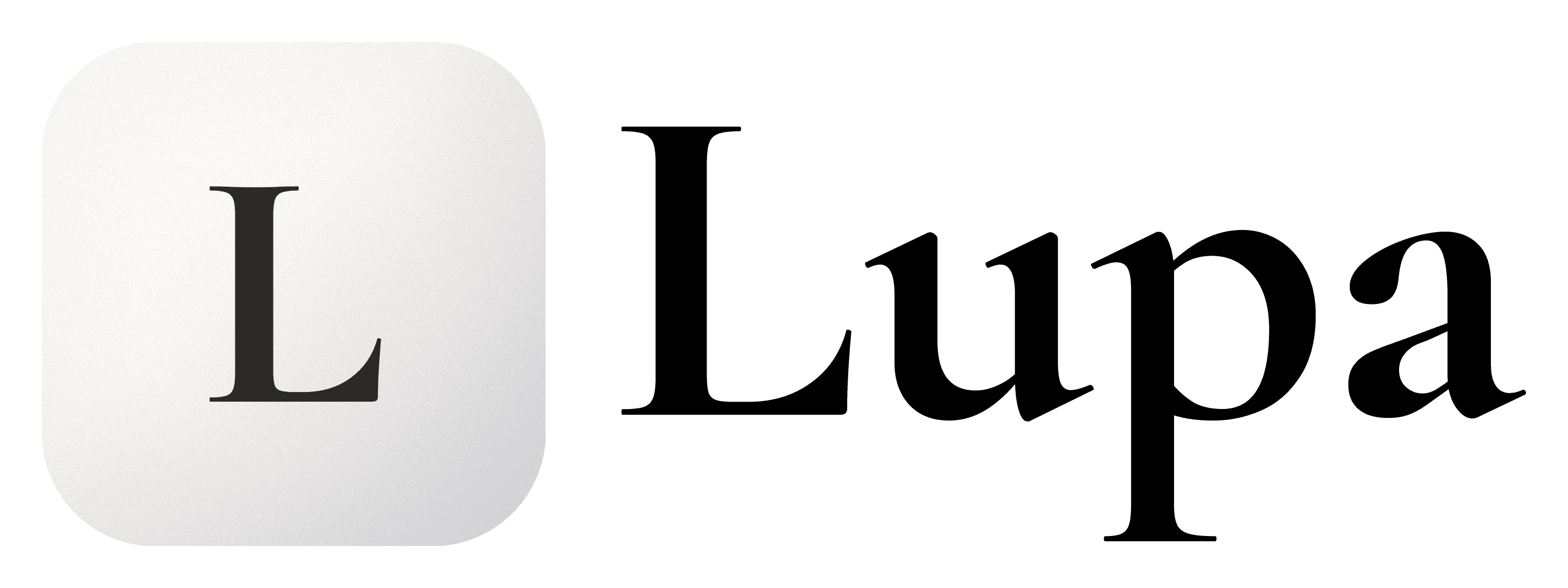 Lupa logo lockup — rounded L app icon next to the word Lupa set in Cormorant Garamond