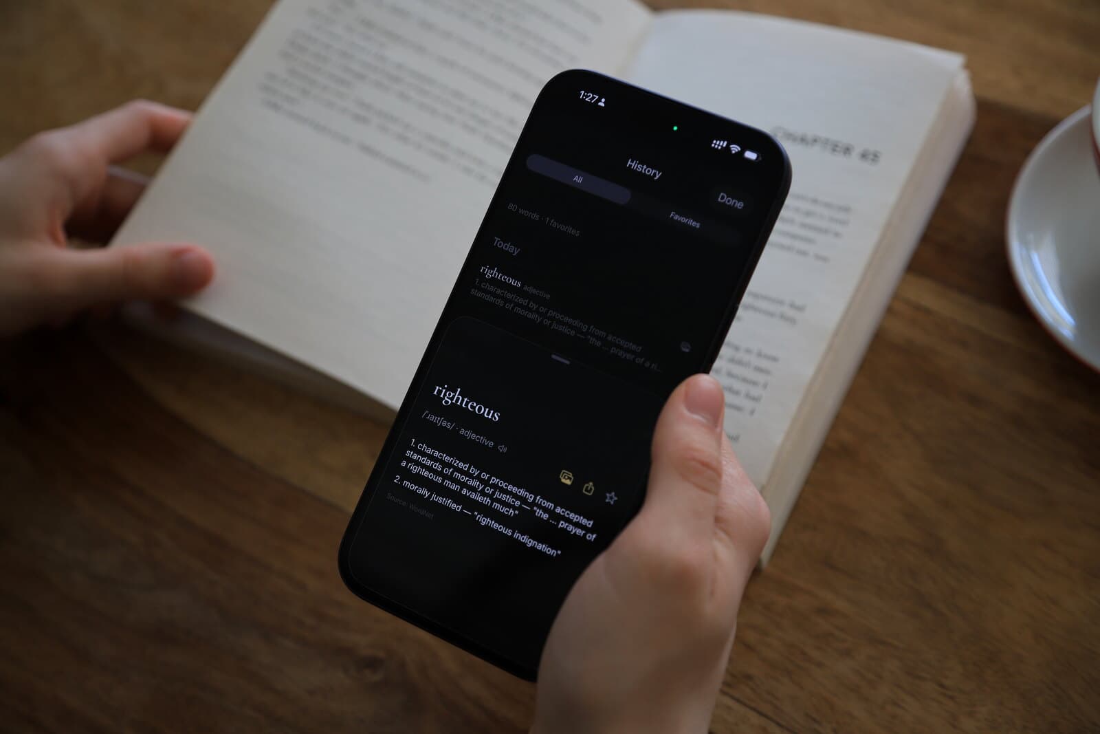 Lupa history screen on iPhone showing the 'righteous' entry from today, paired with a sub-card definition