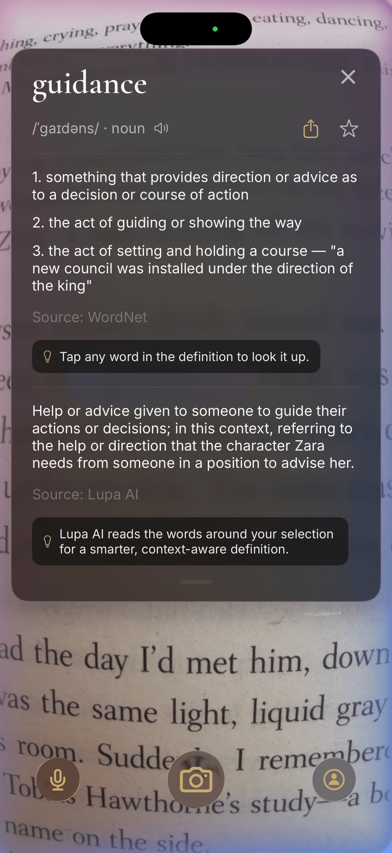 Lupa Vision Lupa AI definition extending the basic 'guidance' card with a context-aware reading from the surrounding sentence
