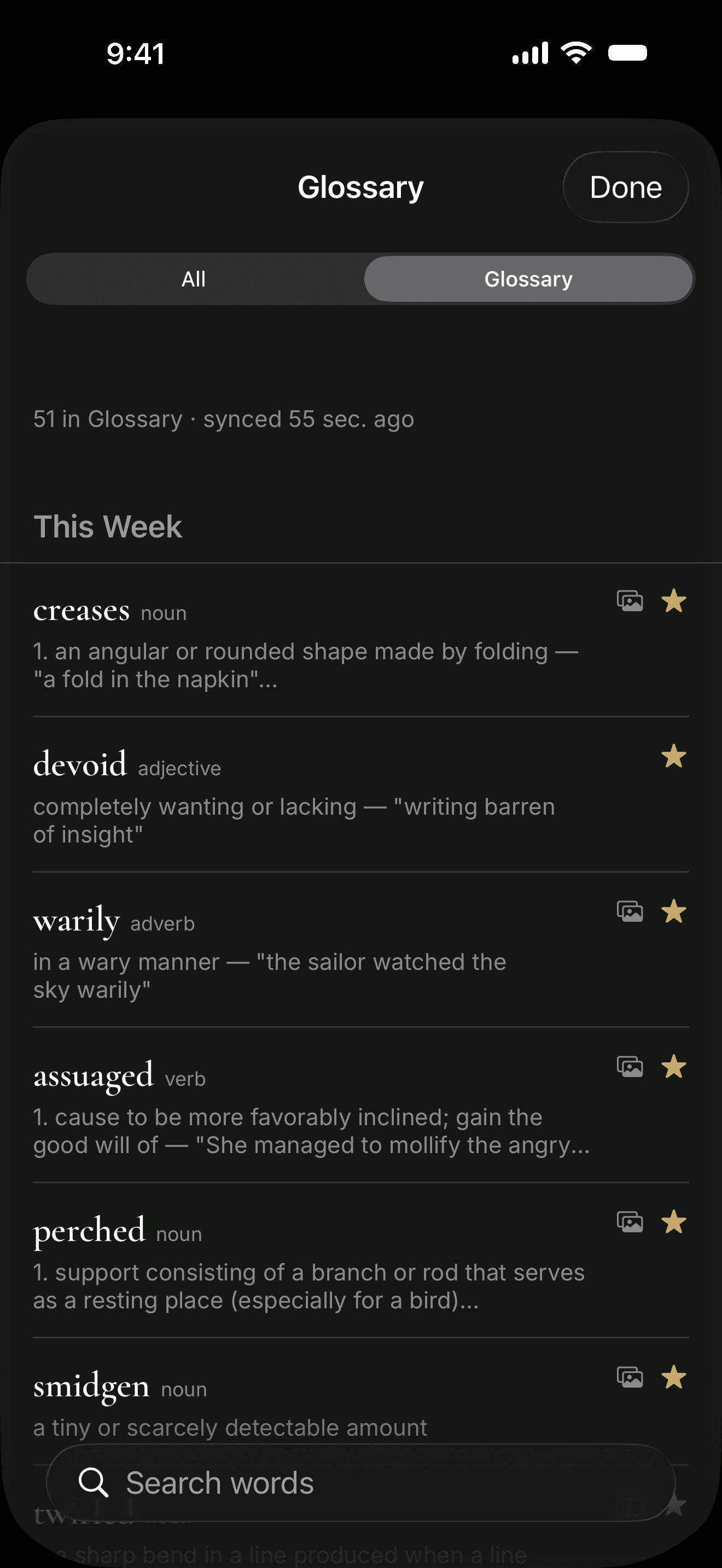 Lupa Vision Glossary view listing 51 starred words including 'creases', 'devoid', 'warily', 'assuaged', 'perched', 'smidgen' with definitions