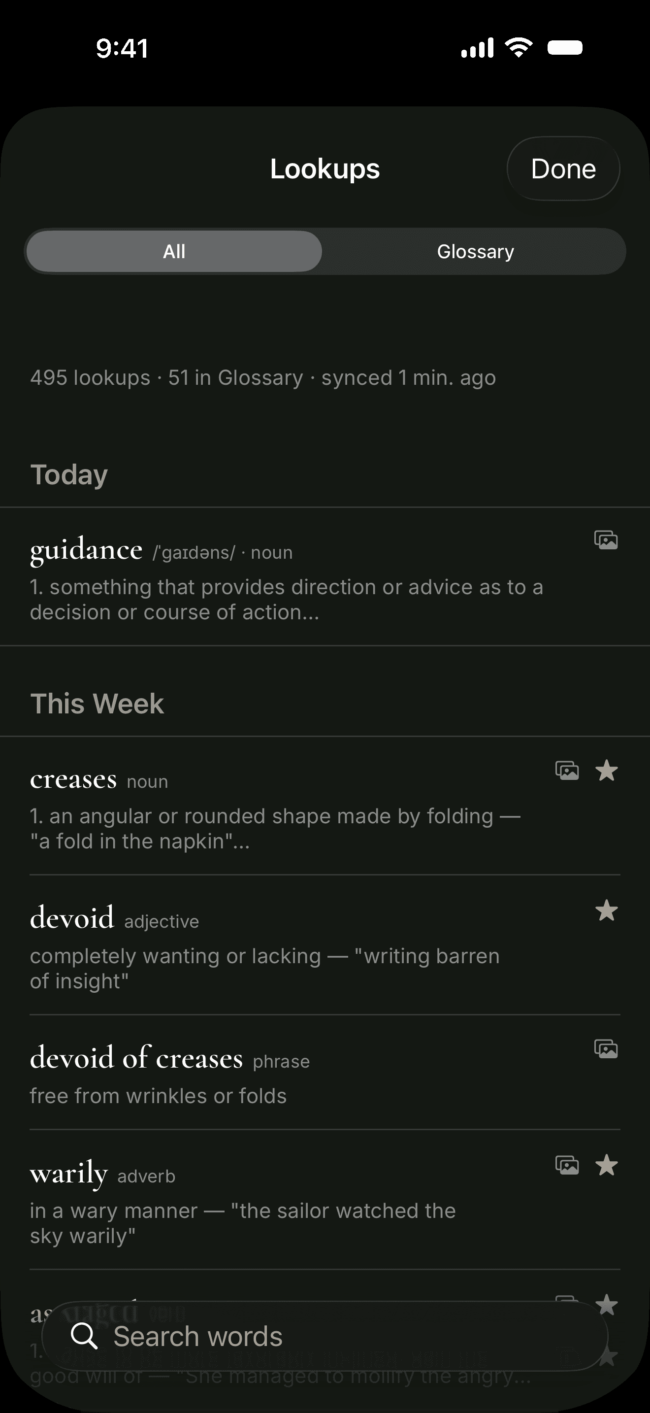 Lupa Vision Lookups view showing all 495 words checked including 'guidance' from today and others from this week