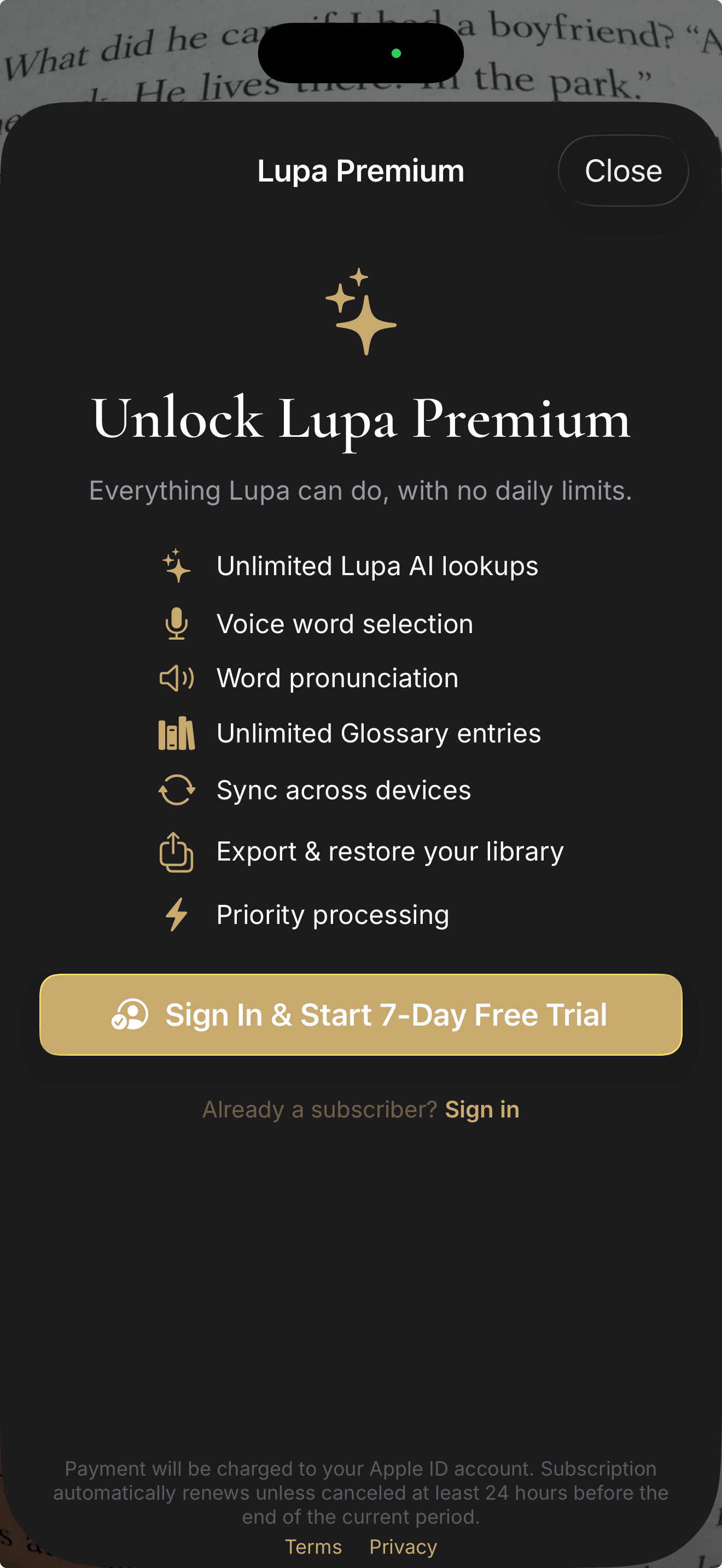 Lupa Vision Premium paywall showing the seven Premium features including unlimited Lupa AI, voice selection, pronunciation, and cloud sync, with a 7-day free trial
