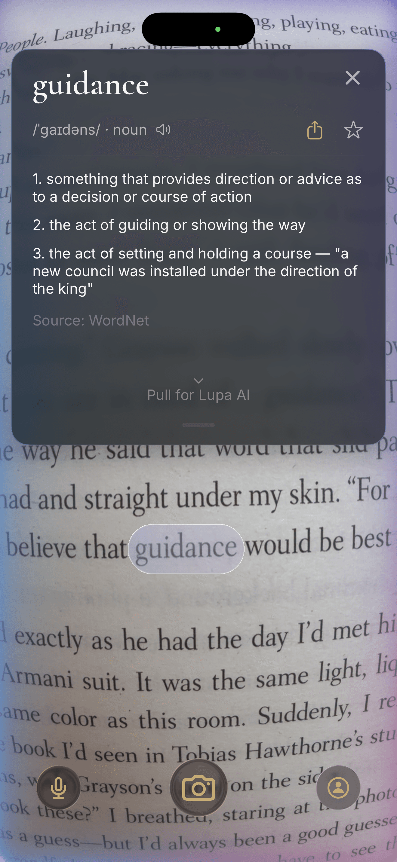 Lupa Vision definition card showing the word 'guidance' with phonetic, part of speech, three definitions, and a 'Pull for Lupa AI' affordance