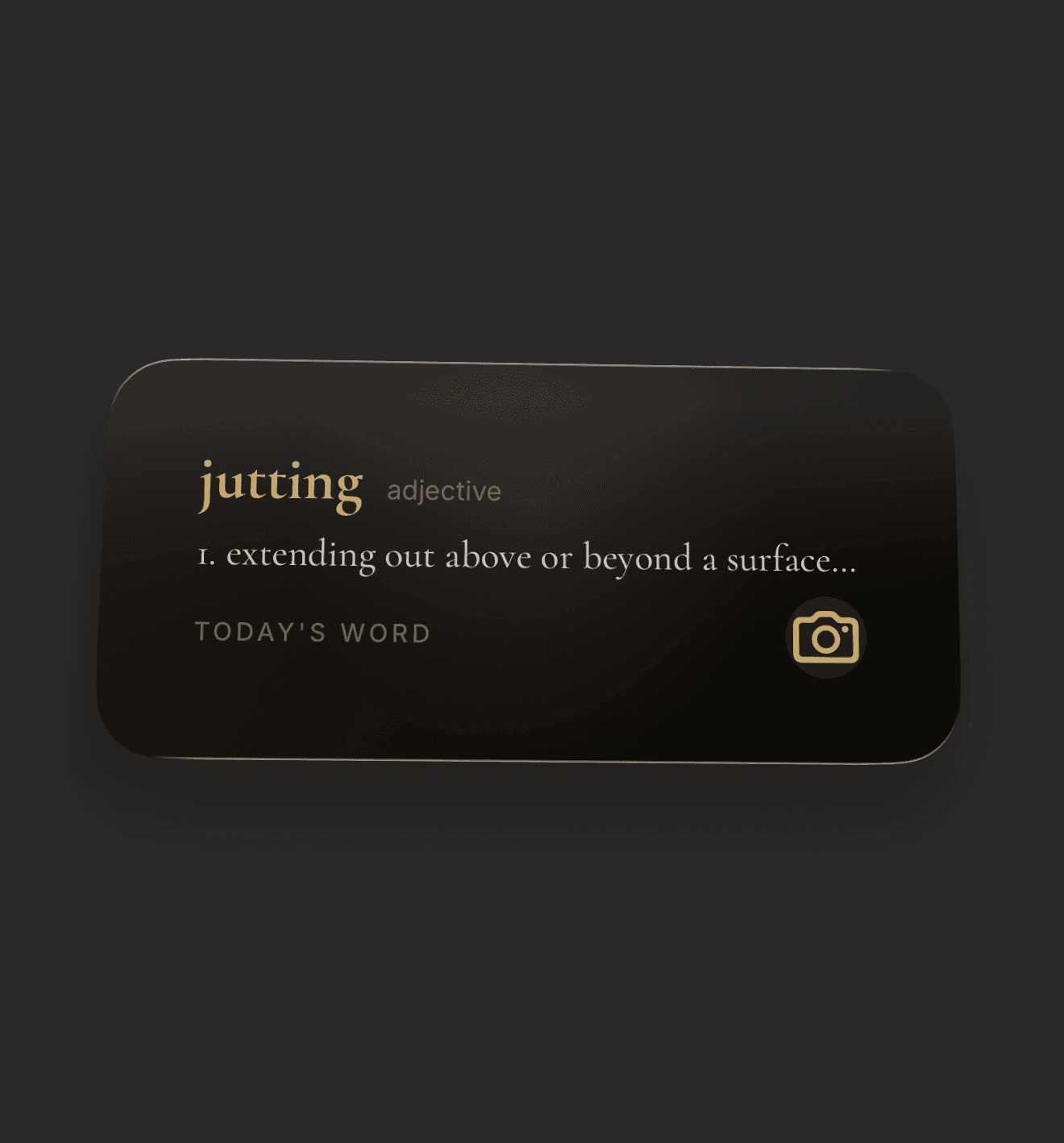 Lupa Today's Word medium widget on iOS — shows the daily word, part of speech, and a one-line definition with a camera shortcut